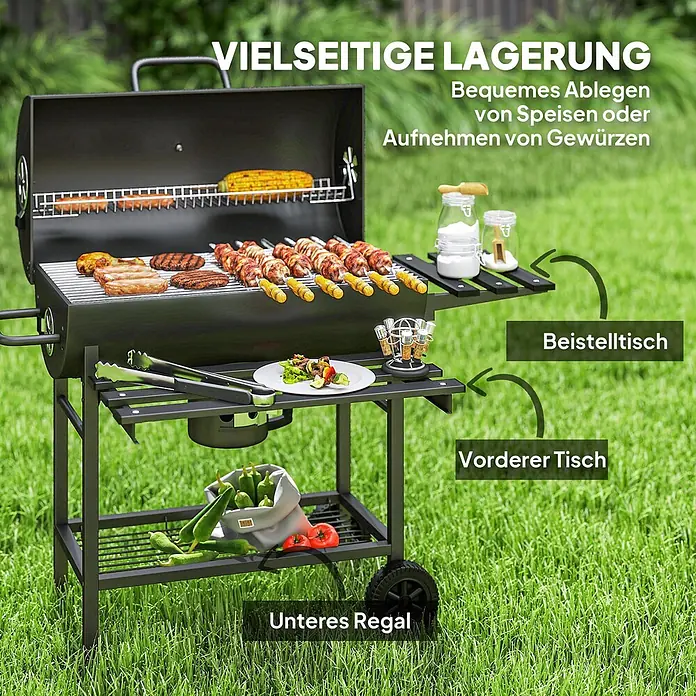 Outsunny Smoker -  - Schwarzer Grill mit zubereitetem Essen, Seiten- und Vorderablagen sowie einem unteren Regal für vielseitige Lagerung.