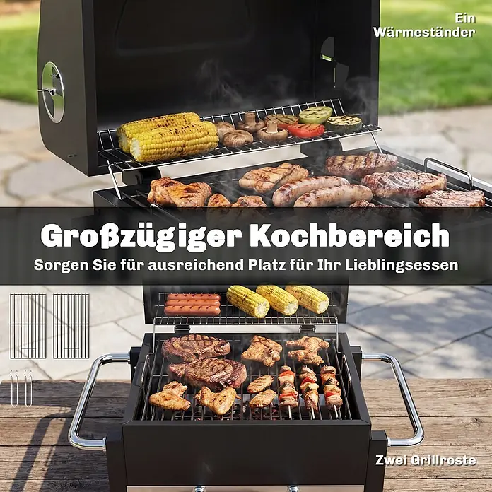 Outsunny Smoker -  - Schwarzer Holzkohlegrill mit Speisen auf Warmhalterost und Hauptrosten, im Freien genutzt. Zwei Grillroste sind separat abgebildet.