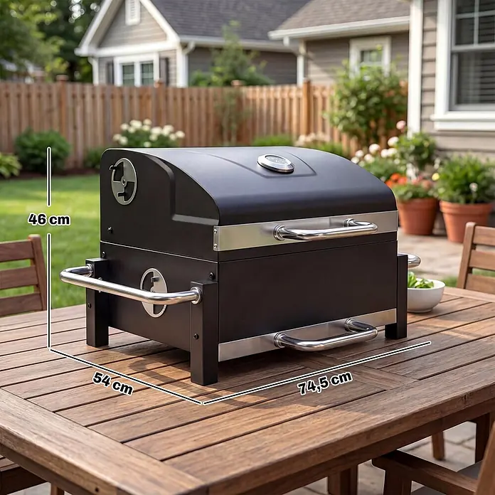 Outsunny Smoker -  - Schwarzer und silberner tragbarer Grill auf einem Holztisch im Freien, mit Maßen 46 cm (H) x 74,5 cm (B) x 54 cm (T).