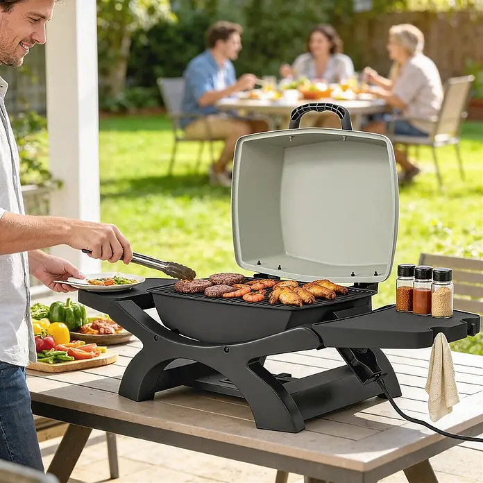 Outsunny Elektrogrill - 2.300 kW - Ein Mann nutzt einen schwarzen und hellgrauen Elektro-Grill auf einem Holztisch, um draußen Essen zuzubereiten, während andere im Hintergrund speisen.