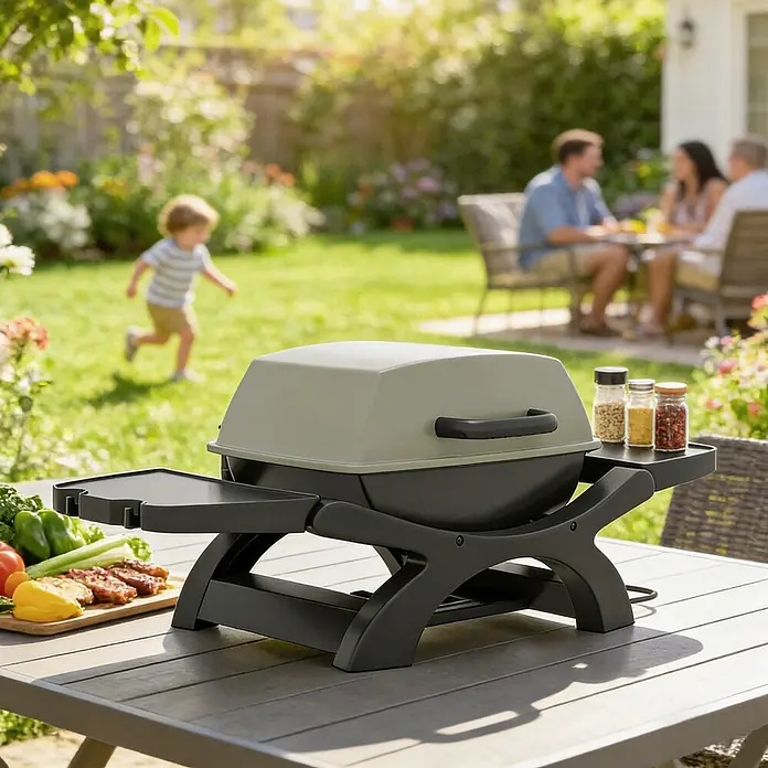 Outsunny Elektrogrill - 2.300 kW - Tragbarer Grill mit hellgrünem Deckel und dunkelgrauem Gehäuse, bereit zum Grillen auf einem Gartentisch mit Speisen und Gewürzen.