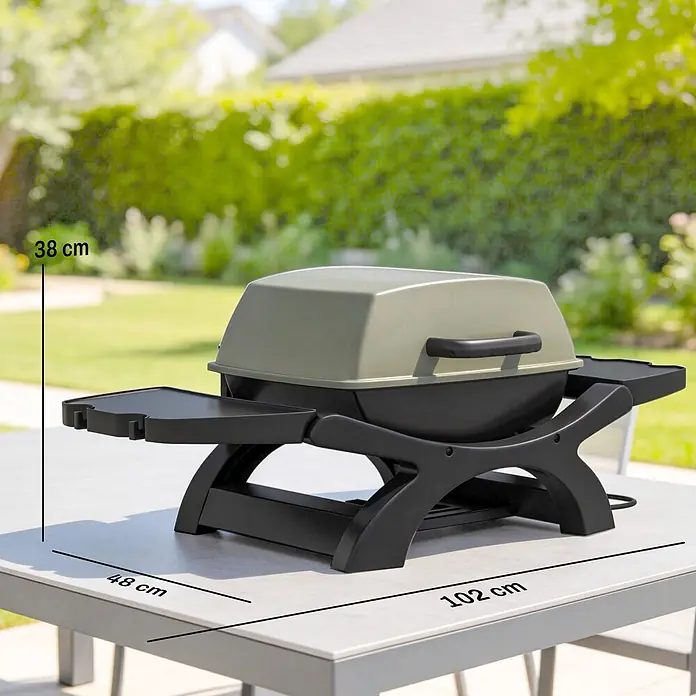 Outsunny Elektrogrill - 2.300 kW - Olivgrüner und schwarzer tragbarer Grill mit Beistelltischen, Abmessungen: 102 cm Länge, 48 cm Tiefe, 38 cm Höhe, im Garten.