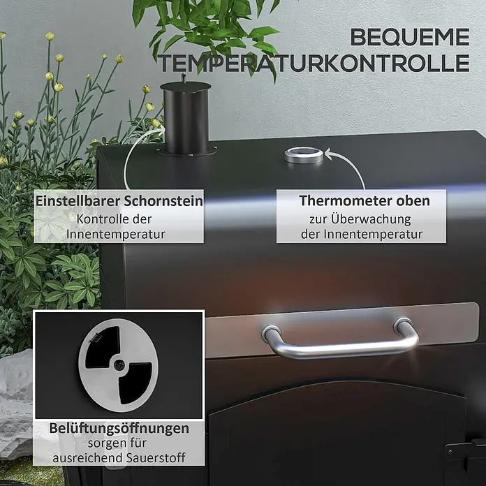 Outsunny Smoker -  - Schwarzer Grill/Smoker mit einstellbarem Schornstein, integriertem Thermometer und Belüftungsöffnungen zur präzisen Temperaturkontrolle.