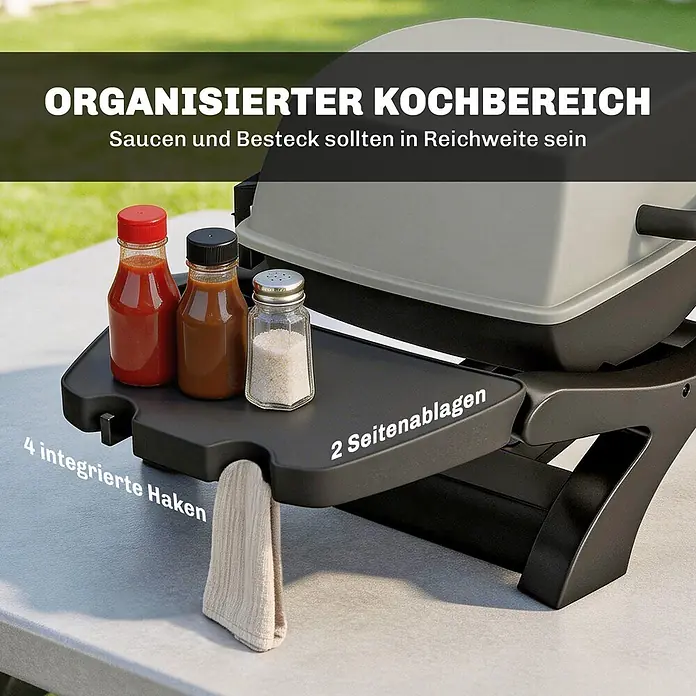 Outsunny Elektrogrill - 2.300 kW - Dunkelgraue Grill-Seitenablagen mit integrierten Haken für Saucen und ein Handtuch, die den Kochbereich organisieren.