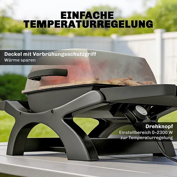 Outsunny Elektrogrill - 2.300 kW - Schwarzer Elektrogrill mit transparentem Deckel, bereitet draußen Speisen zu. Mit Verbrühungsschutzgriff und Drehknopf (0-2300W) zur Temperaturregelung.