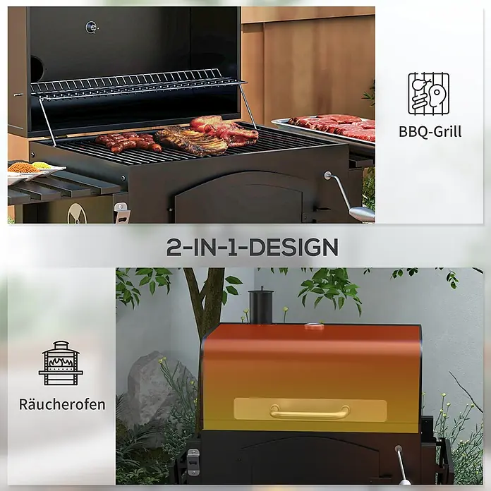 Outsunny Smoker -  - Schwarzer 2-in-1 Grill und Räucherofen, beim Grillen von Fleisch und als Räucherofen mit orange-gelbem Deckel gezeigt.