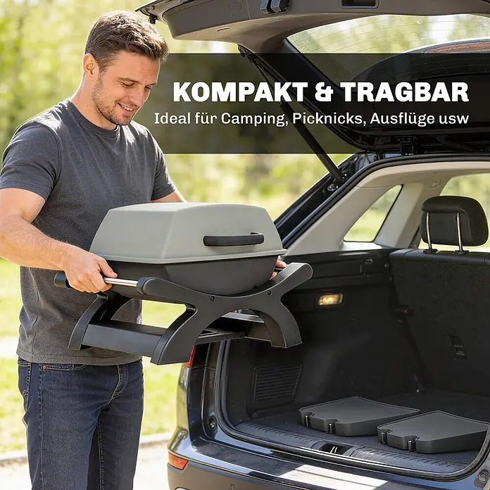 Outsunny Elektrogrill - 2.300 kW - Mann entnimmt einen kompakten grau-schwarzen tragbaren Grill aus dem Kofferraum. Perfekt für Camping, Picknick und Ausflüge.