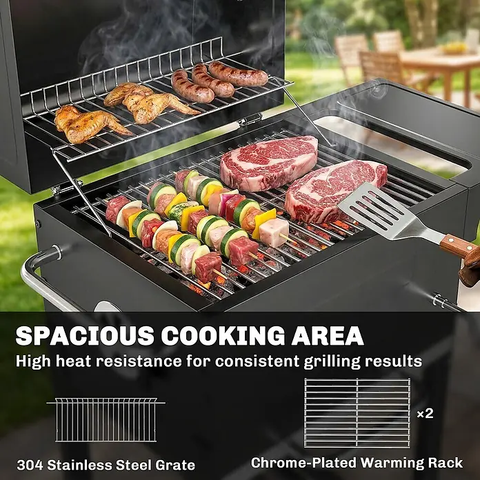 Outsunny Smoker -  - Schwarzer Holzkohlegrill mit Edelstahlrost und verchromtem Warmhalterost, auf dem Steaks, Spieße, Hähnchenflügel und Würstchen garen.