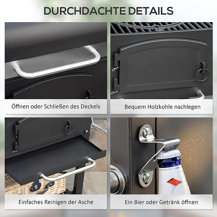 Outsunny Smoker -  - Vier Nahaufnahmen von Grilldetails: Deckelgriff, Holzkohleklappe, Ascheschublade und integrierter Flaschenöffner.