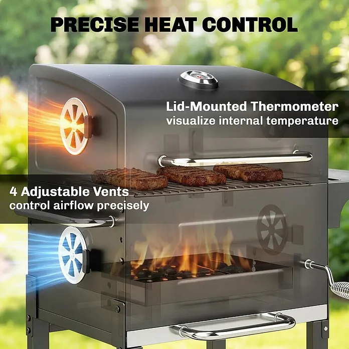 Outsunny Smoker -  - Schwarzer BBQ-Grill mit Deckelthermometer und verstellbaren Lüftungsschlitzen, mit kochenden Steaks und internen Flammen.