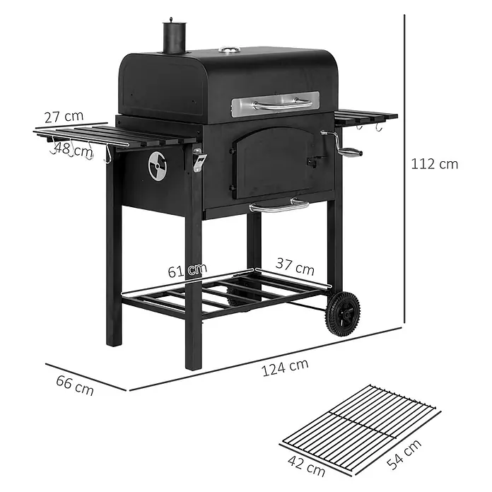 Outsunny Smoker -  - Schwarzer Holzkohlegrill aus Metall mit Seitenablagen, Bodenrost und Rollen.