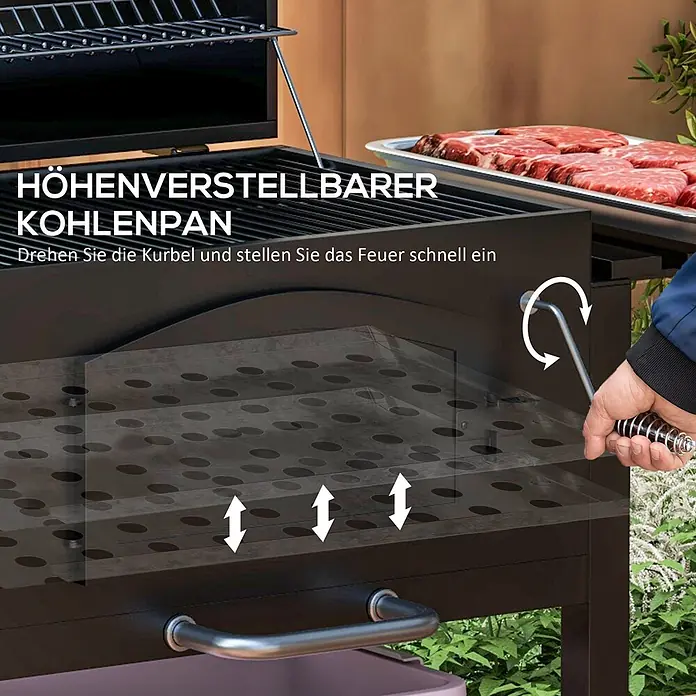 Outsunny Smoker -  - Schwarzer Grill mit höhenverstellbarer Kohlenschale, per Kurbel für schnelle Hitzeregulierung bedienbar.