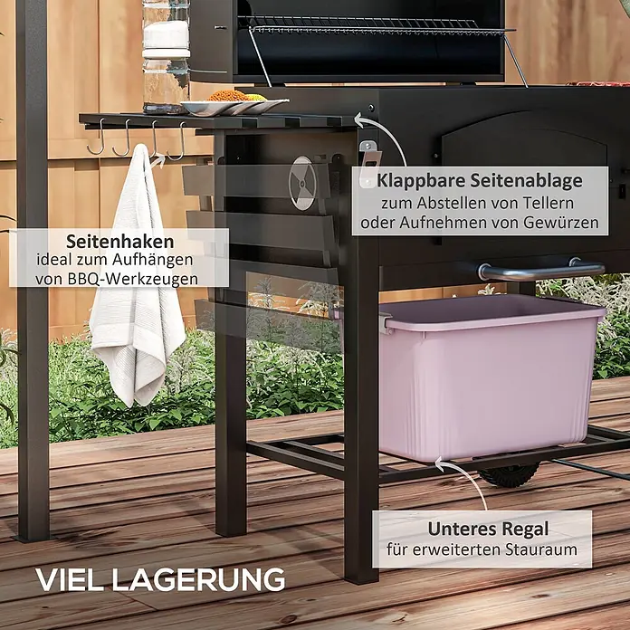 Outsunny Smoker -  - Schwarzer BBQ-Grill mit klappbarer Seitenablage, Seitenhaken und unterem Regal für viel Stauraum.