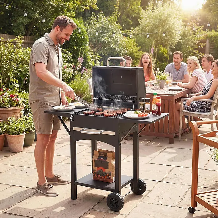 Outsunny Smoker -  - Schwarzer Holzkohle-Grill mit Seitenablagen, unterer Ablage und Rollen, zum Fleischgrillen im Garten verwendet.