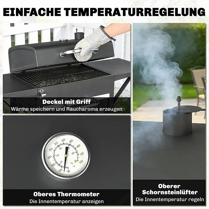 Outsunny Smoker -  - Schwarzer BBQ-Grill mit Deckel, eingebautem Thermometer und Schornsteinlüfter zur einfachen Temperaturregelung und Raucherzeugung.