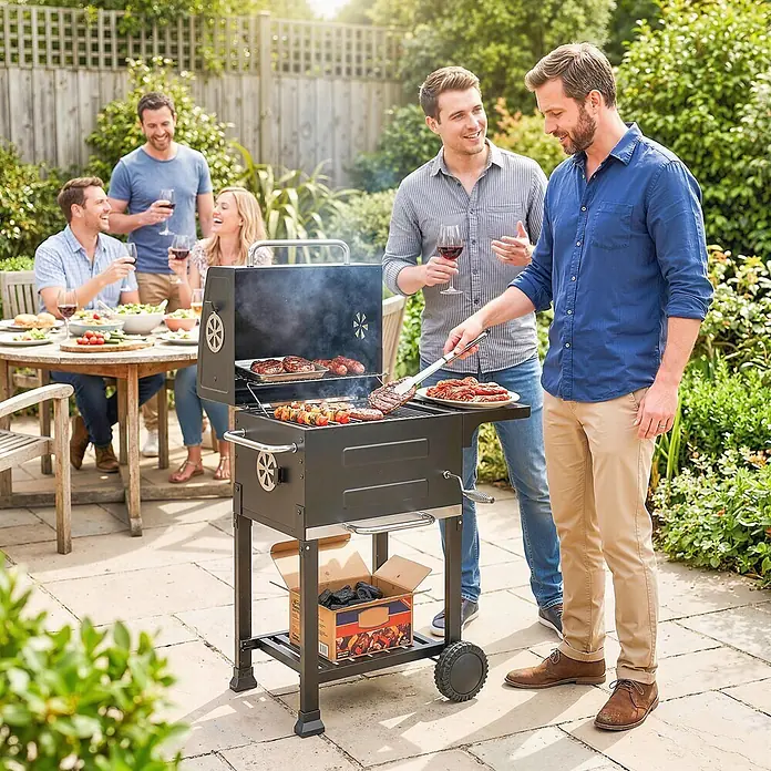 Outsunny Smoker -  - Schwarzer Holzkohle-Grill in Nutzung, Fleisch wird für Gäste bei einer Gartenparty zubereitet. Mit Rädern und Ablage.