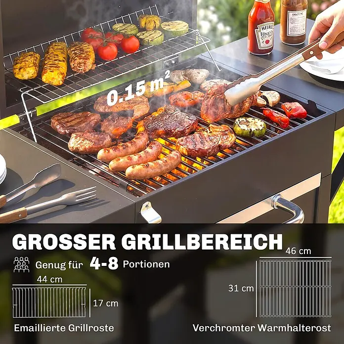 Outsunny Smoker -  - Schwarzer Grill mit Speisen auf großem Grillrost und erhöhtem Warmhalterost. Ausreichend für 4-8 Portionen.