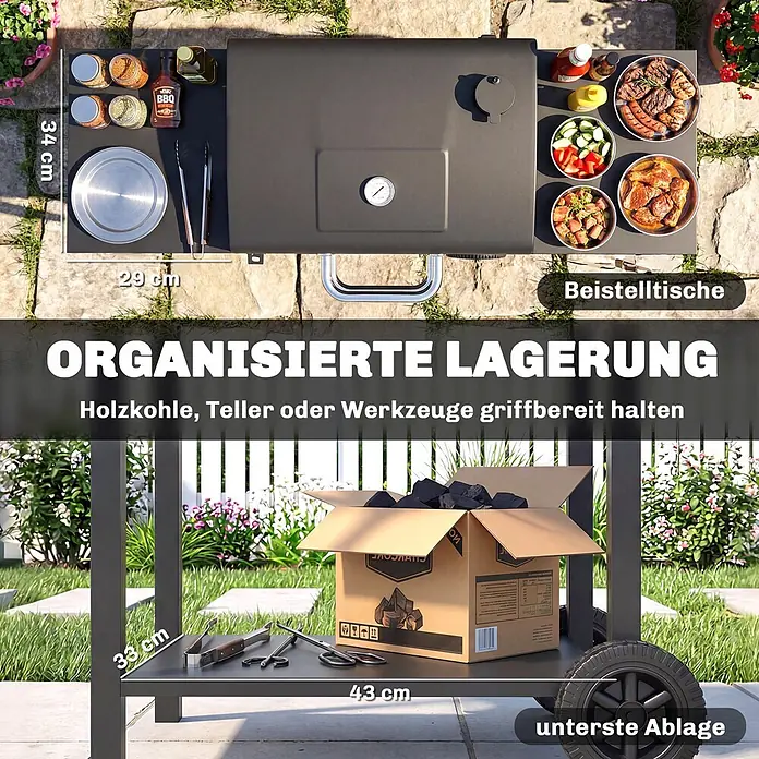 Outsunny Smoker -  - Dunkelgrauer Grill mit 29x34cm Seitenablagen und 33x43cm unterem Regal für Holzkohle, Teller und Werkzeuge im Garten.