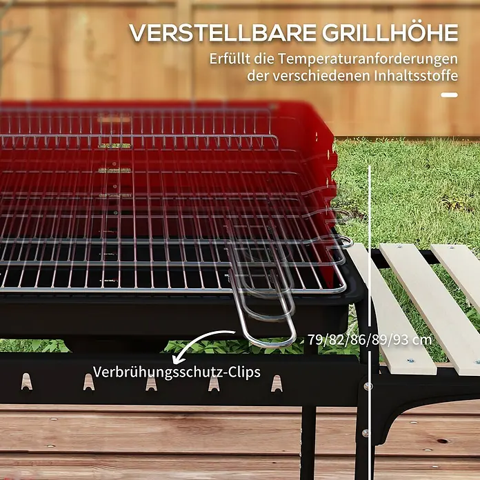 Outsunny Smoker -  - Schwarzer und roter Grill mit verstellbarer Höhe (79-93 cm) und Verbrühungsschutz-Clips, draußen für flexibles Kochen.