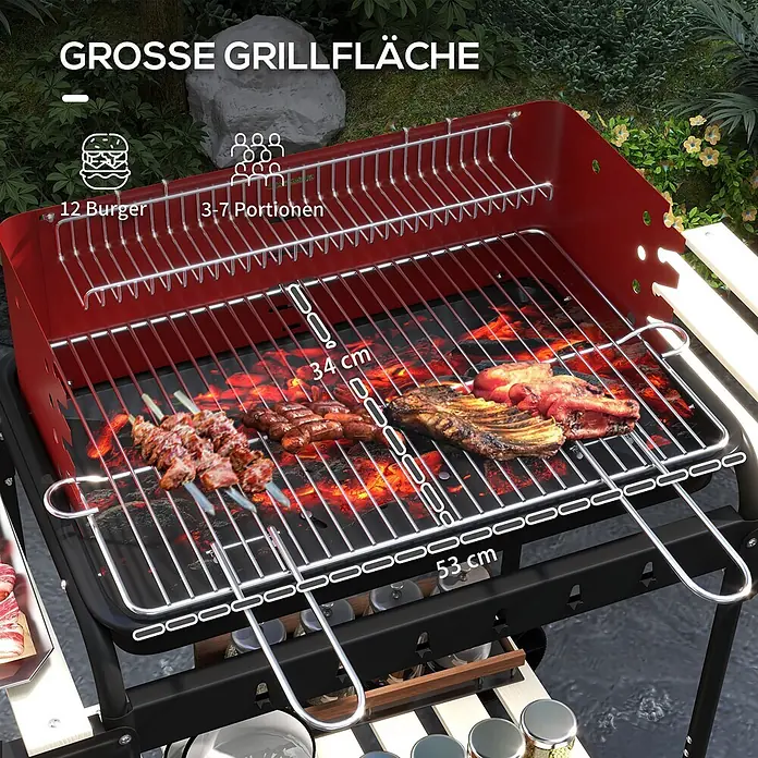 Outsunny Smoker -  - Roter und schwarzer Holzkohlegrill mit Essen auf der großen 53x34 cm Fläche. Er fasst 12 Burger oder 3-7 Portionen, in einer Außenszene.