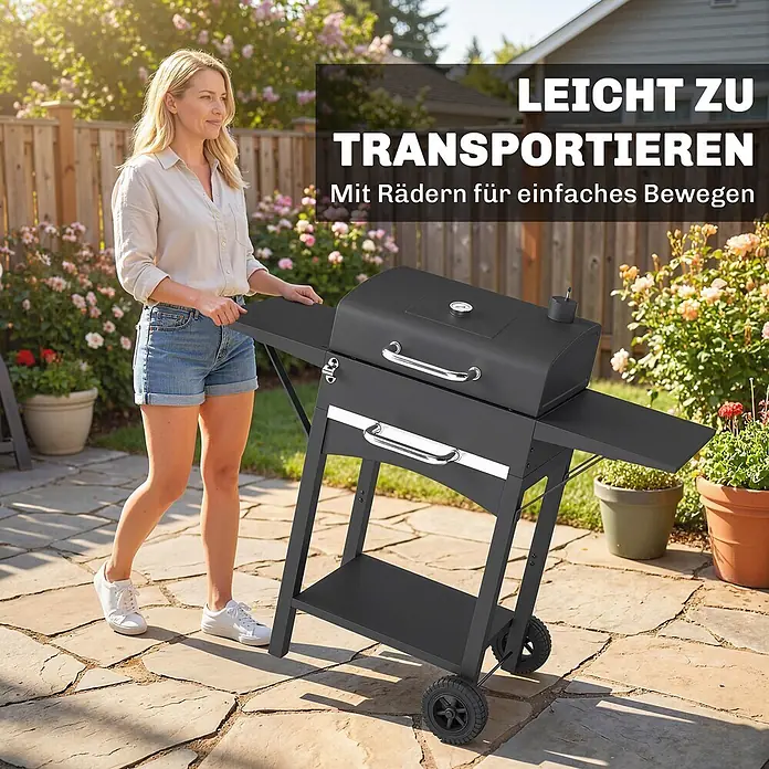 Outsunny Smoker -  - Eine Frau schiebt einen schwarzen Holzkohlegrill mit Rädern auf einer Terrasse im Garten.