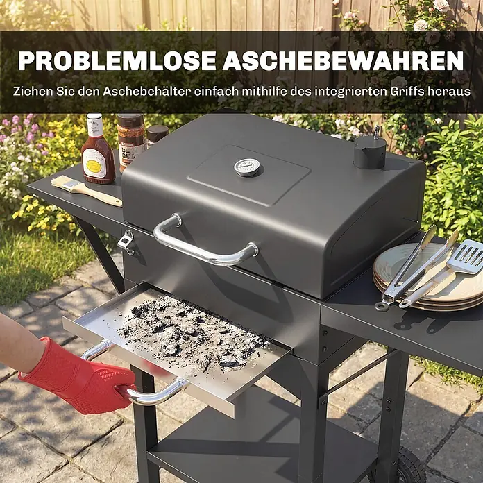 Outsunny Smoker -  - Ein schwarzer Holzkohlegrill, bei dem eine Person mit rotem Handschuh die herausnehmbare, mit Asche gefüllte Ascheschublade herauszieht.