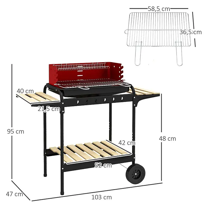 Outsunny Smoker -  - Roter und schwarzer Holzkohlegrill mit hölzernen Seiten- und Ablageflächen, mit Rädern für leichte Mobilität.