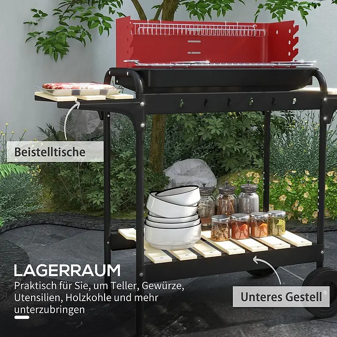 Outsunny Smoker -  - Schwarzer BBQ-Grillwagen mit rotem Oberteil, Holz-Beistelltischen und Ablagefach, im Garten.