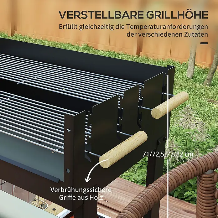 Outsunny Holzkohlegrill - Schwarz - Schwarzer Metall-BBQ-Grill mit verstellbarer Höhe und verbrühungssicheren Holzgriffen für vielseitiges Grillen.