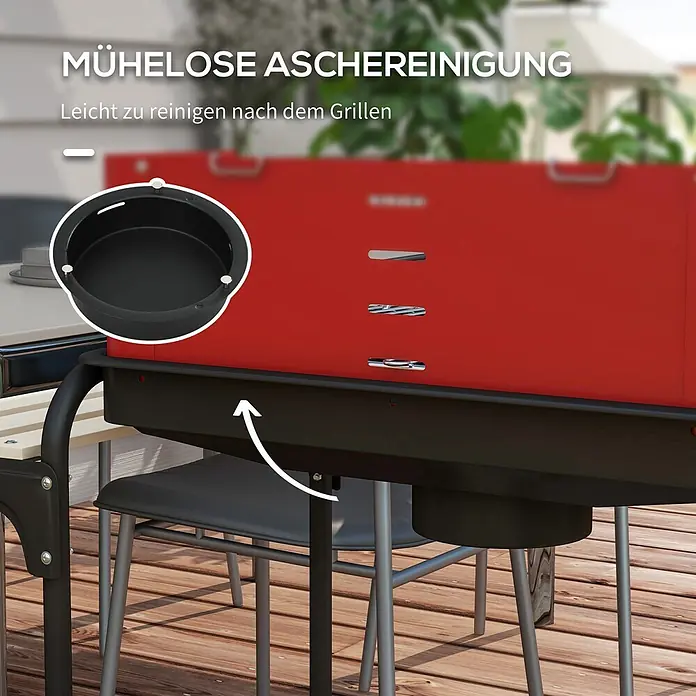 Outsunny Smoker -  - Schwarze, runde Ascheauffangschale zur mühelosen Grillreinigung, mit Pfeil unter dem Grill positioniert.