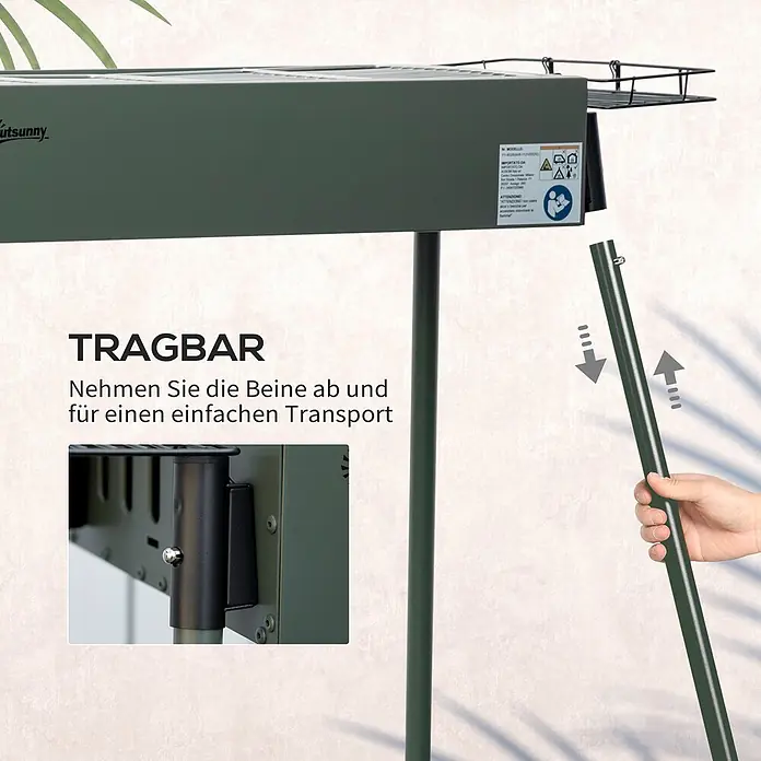 Outsunny Holzkohlegrill - Dunkelgrün - Dunkelgrüner tragbarer Outdoor-Ofen/Grill mit abnehmbaren Beinen für einfachen Transport. Eine Hand demontiert ein Bein.