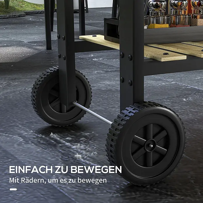 Outsunny Holzkohlegrill - Schwarz - Schwarzer Metall-Außenwagen mit stabilen schwarzen Rädern und Holzregalen, für einfache Mobilität.