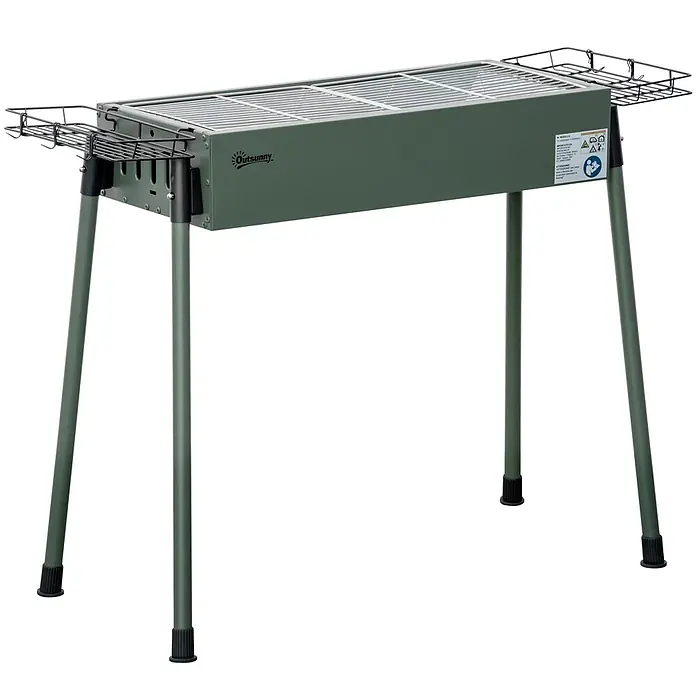 Outsunny Holzkohlegrill - Dunkelgrün - Olivgrüner Holzkohlegrill aus Metall mit schwarzen Seitenablagen und stabilen Beinen.