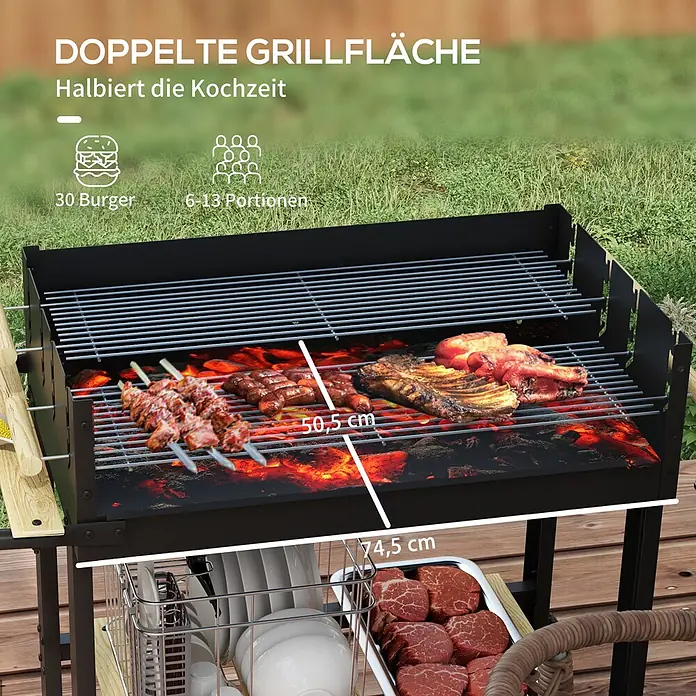 Outsunny Holzkohlegrill - Schwarz - Großer schwarzer Grill mit doppelter Grillfläche, auf dem Fleisch im Freien gegrillt wird. Maße 50,5 cm und 74,5 cm sind angegeben.