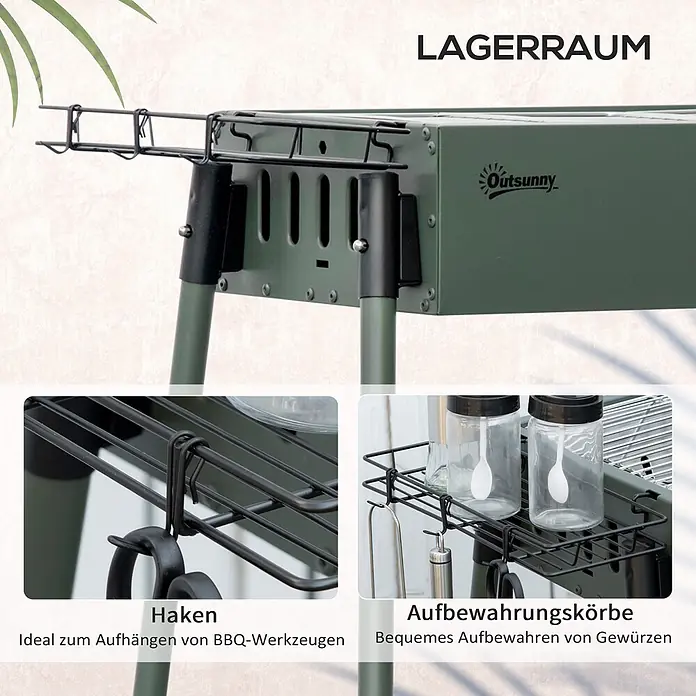 Outsunny Holzkohlegrill - Dunkelgrün - Dunkelgrüner Outsunny Grill mit schwarzen Metall-Seitenablagen. Mit Haken für Grillwerkzeuge und Körben für Gewürze.