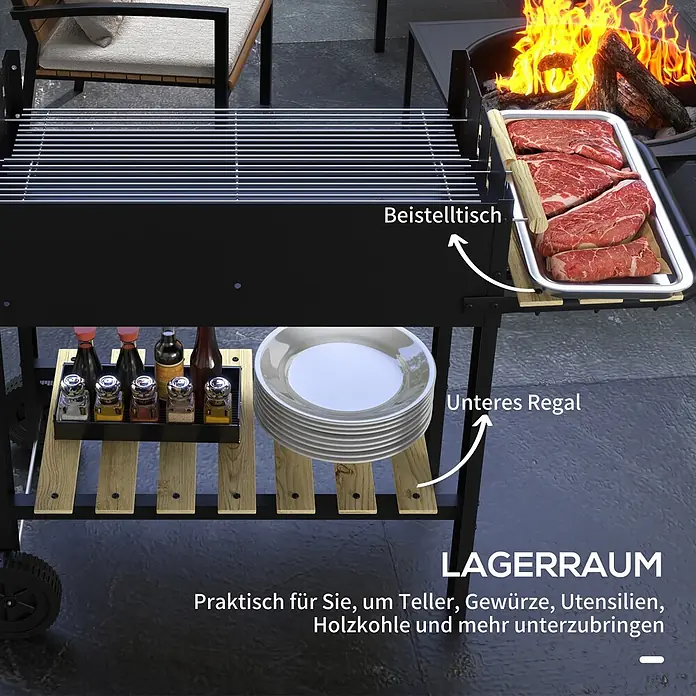 Outsunny Holzkohlegrill - Schwarz - Schwarzer Metallgrill mit ausklappbarem Beistelltisch aus Holz für Fleisch und einer unteren Holzablage für Geschirr und Gewürze, im Freien.