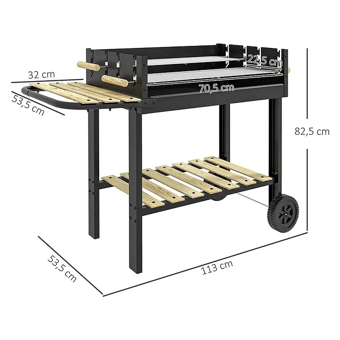 Outsunny Holzkohlegrill - Schwarz - Schwarzer Metall-BBQ-Grill mit Holz-Seitenablage, unterem Regal und Rädern für einfache Mobilität.