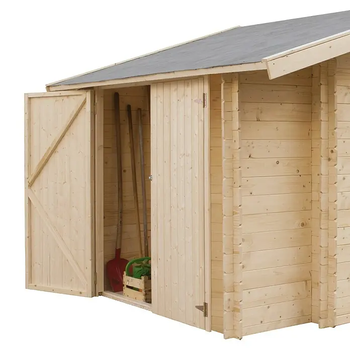 Kiehnholz Gartenhaus Oslo 2 - Außenmaß inkl. Dachüberstand (B x T): 385 x 263 cm, Holz, Natur - Abbildung eines Holzgartenschuppens mit geöffneten Türen, der Gartengeräte und Werkzeuge zeigt.