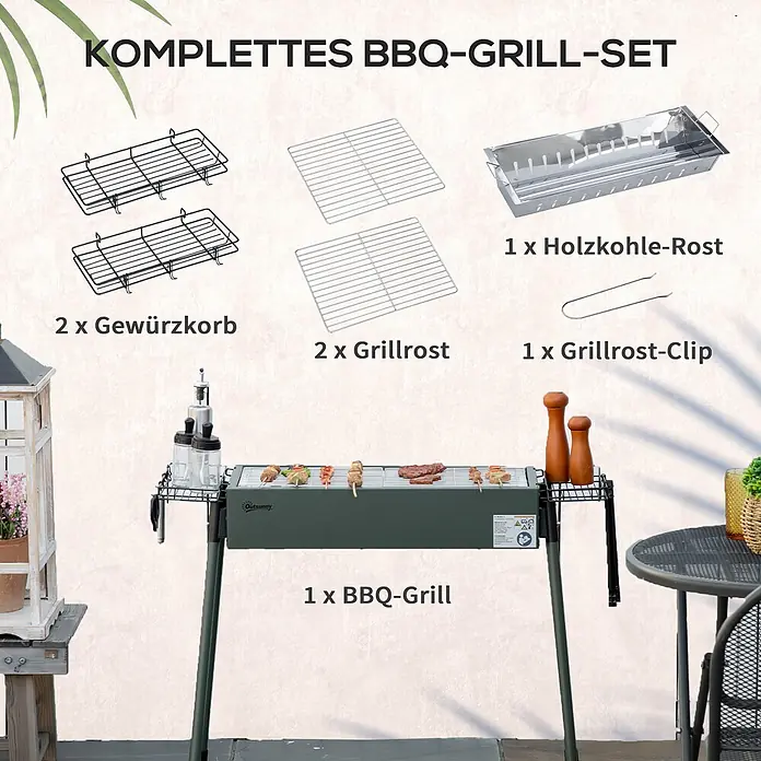 Outsunny Holzkohlegrill - Dunkelgrün - Komplettes dunkelgrünes BBQ-Grill-Set mit Kohlerost, zwei Grillrosten, zwei Gewürzkörben und einem Grillrost-Clip.