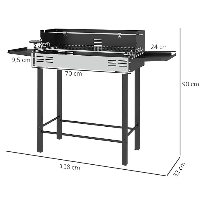 Outsunny Holzkohlegrill - Durchmesser Grillfläche: 70 cm, Schwarz - Schwarzer Metall-Holzkohlegrill mit Seitenablagen, Maße 118x90x32 cm. Grillfläche 70x32 cm.