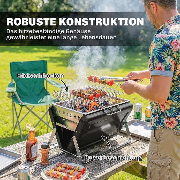 Outsunny Holzkohlegrill - Durchmesser Grillfläche: 32 cm, Schwarz - Tragbarer Grill mit Edelstahlbecken und Pulverbeschichtung, zum Grillen von Spießen im Freien verwendet.