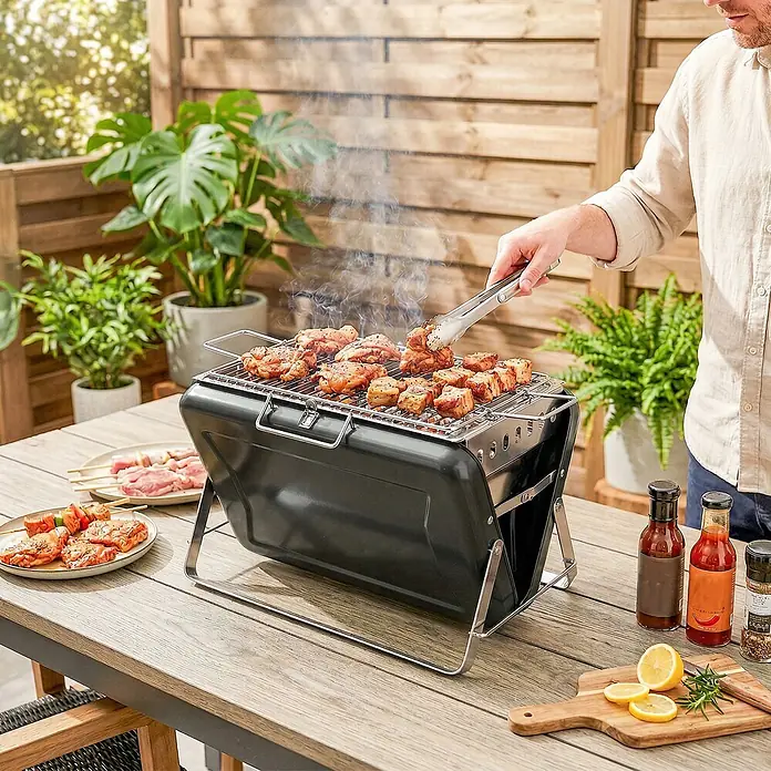 Outsunny Holzkohlegrill - Durchmesser Grillfläche: 32 cm, Schwarz - Eine Person grillt Fleisch auf einem schwarzen tragbaren Grill mit Edelstahlrost auf einem Gartentisch.