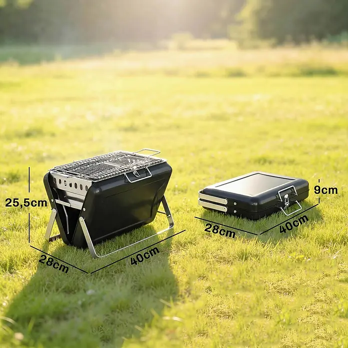 Outsunny Holzkohlegrill - Durchmesser Grillfläche: 32 cm, Schwarz - Schwarzer tragbarer Holzkohlegrill, offen auf Beinen zum Grillen und geschlossen als kompakter Koffer.