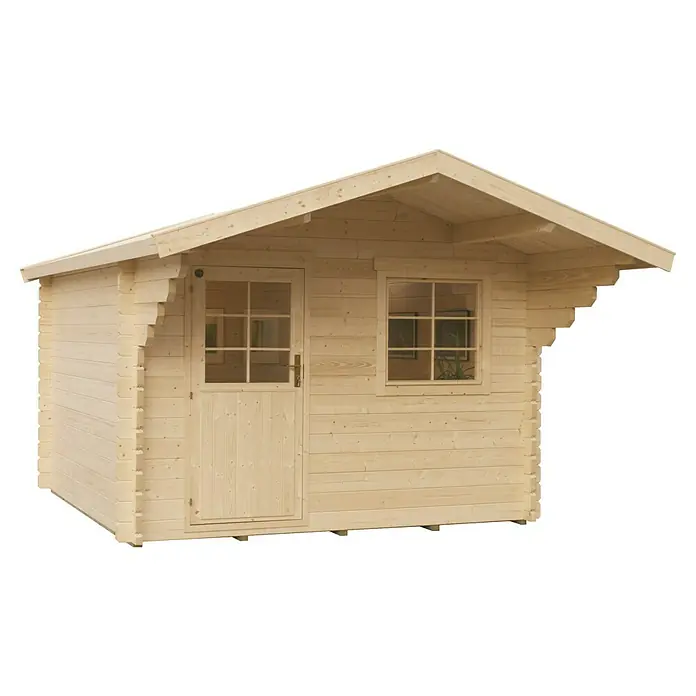 Kiehnholz Gartenhaus Turku - Außenmaß inkl. Dachüberstand (B x T): 395 x 443 cm, Holz, Natur - Ein helles Holzgartenhaus mit Fenster und Tür. Es hat ein Giebeldach und ist auf einem dunklen Hintergrund freigestellt.
