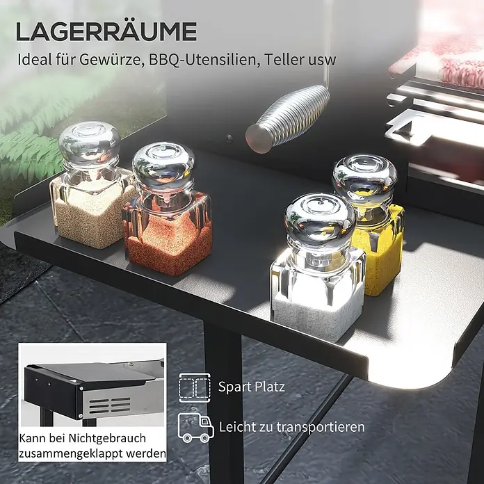 Outsunny Holzkohlegrill - Durchmesser Grillfläche: 70 cm, Schwarz - Schwarze, klappbare Seitenablage für Grill, ideal für Gewürze und Utensilien, platzsparend und leicht zu transportieren.