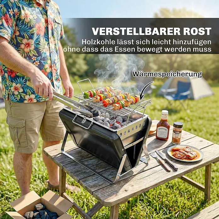 Outsunny Holzkohlegrill - Durchmesser Grillfläche: 32 cm, Schwarz - Eine Person grillt Spieße auf einem tragbaren schwarz-silbernen Holzkohlegrill im Freien. Der Grill hat einen verstellbaren Rost zum einfachen Nachlegen von Kohle.