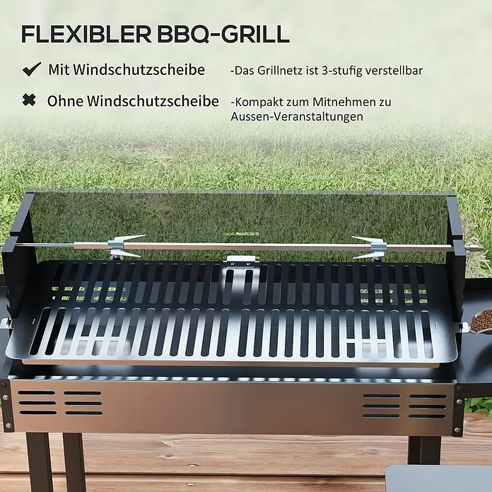 Outsunny Holzkohlegrill - Durchmesser Grillfläche: 70 cm, Schwarz - Ein schwarzer, flexibler BBQ-Grill mit klarem Windschutz und Drehspieß auf Holzterrasse im Freien.