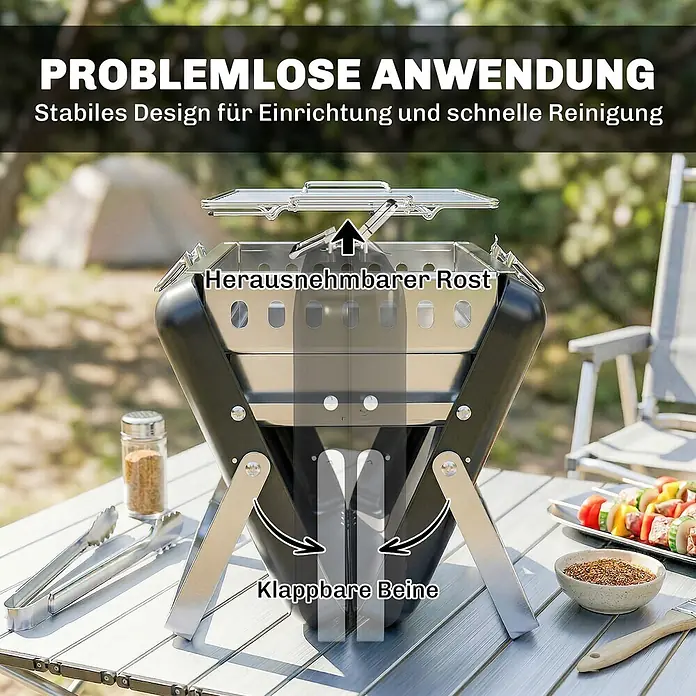 Outsunny Holzkohlegrill - Durchmesser Grillfläche: 32 cm, Schwarz - Schwarzer und silberner tragbarer Grill mit abnehmbarem Rost und klappbaren Beinen, im Freien mit Grillzubehör und Speisen gezeigt.