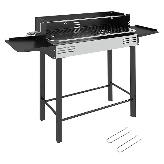 Outsunny Holzkohlegrill - Durchmesser Grillfläche: 70 cm, Schwarz - Rechteckiger BBQ-Grill aus schwarzem und silbernem Metall mit Seitenablagen, Drehgriff und zwei Fleischspießhaltern.