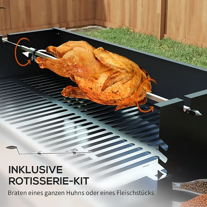 Outsunny Holzkohlegrill - Durchmesser Grillfläche: 70 cm, Schwarz - Golden gebratenes Hähnchen auf Metall-Rotisseriespieß über schwarzem Grill. Das komplette Rotisserie-Set mit Griff ist ebenfalls abgebildet.